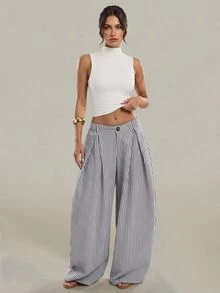 SHEIN Tall Apricot Striped Wide-Leg Trousers For Tall Women – Stylish, Casual, And Suitable For Work. - Navy Blue - View 8