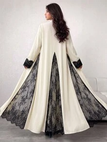 Yasmyna Elegant Lace Patchwork Black & White Contrast Long Open Front Abaya - Apricot - View 2