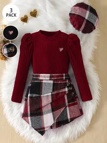 Elladie kids Young Girl Wine Red Knit Long Sleeve + Plaid Asymmetrical Skort (Includes Hat) Set Suitable For Late Autumn, Early Winter, Early Spring - Burgundy - View 1