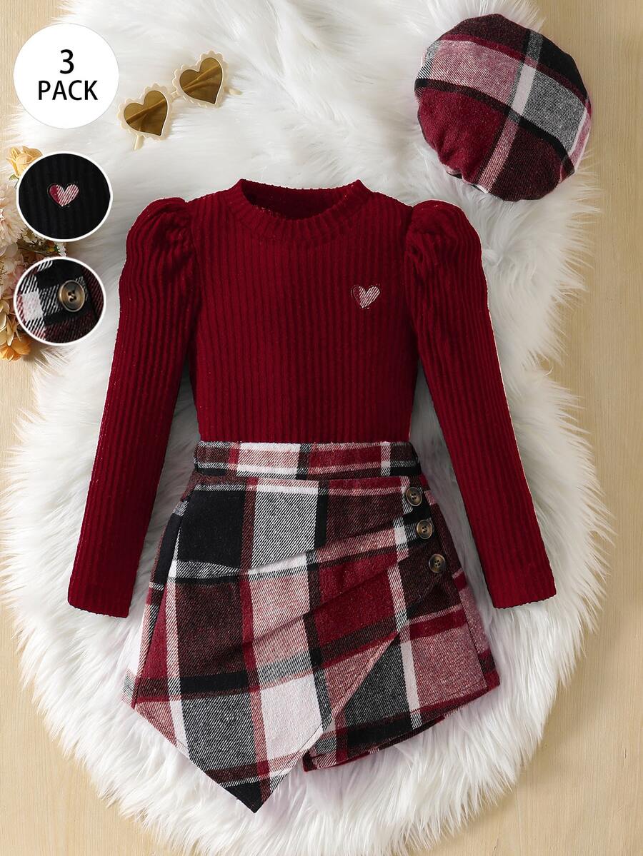 Elladie kids Young Girl Wine Red Knit Long Sleeve + Plaid Asymmetrical Skort (Includes Hat) Set Suitable For Late Autumn, Early Winter, Early Spring - Burgundy - View 1