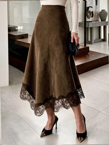 Modelyn Women's Brown Woven Lace Patchwork Asymmetrical Hem Lace Trim Elegant Skirt - Brown - View 4