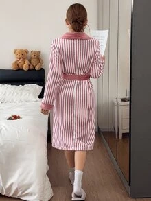 Napfluff Casual Striped Plush Lapel Long Sleeve Women's Loungewear Robe - Dusty Pink - View 2