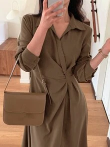 DAZY Women's Casual Solid Color Waist-Cinching Mid-Length Dress, Autumn - Brown - View 4