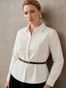 MOTF FASHIONABLE COMMUTER MINIMALIST PREMIUM FEEL CINCHED CINCHED WAIST LONG SLEEVE COLLARED PURE COTTON BELT DECOR WOMEN'S PLUS SIZE SHIRT - White - View 6