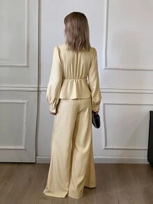 DAZY Solid Color Fitted Waist Long Sleeve Collared Shirt And Flare Pants Elegant Formal Vacation Spring Autumn 2 Pieces Set For Women - Apricot - View 3