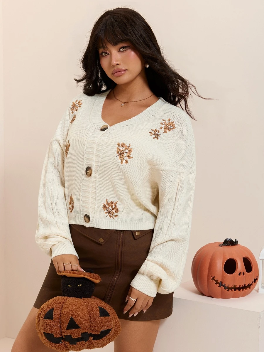 CovetEZ Spring/Autumn New Halloween Maple Leaf Embroidered Printed Casual Plus Size Cardigan - Beige - View 1