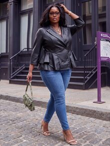 Slaydiva Plus Size Women's Solid Color PU Leather Long Sleeve Blazer Winter - Black - View 4