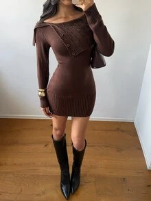 Aloruh Women's Solid Color Button Design Long Sleeve Fitted Fashion Knit Dress - Brown - View 3