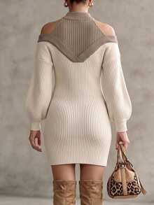 Velvienne Plus Size Women's Colorblock Mock Neck Cold Shoulder Knit Dress - Beige - View 2