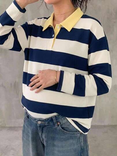 DAZY Patchwork Color Block Striped Loose Long Sleeve Lapel Collar Casual Daily Vacation Spring Autumn Maternity T-Shirt