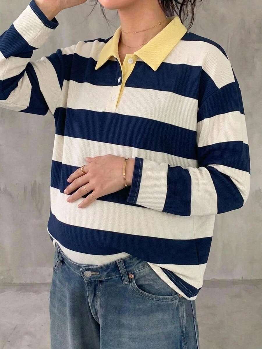 DAZY Patchwork Color Block Striped Loose Long Sleeve Lapel Collar Casual Daily Vacation Spring Autumn Maternity T-Shirt - Blue - View 1