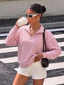 Muchica 女款粉色多巴胺學院風條紋半拉鍊運動衫，適合秋冬/夏季，適用於日常通勤、約會、聚會、派對、婚禮、海灘、畢業典禮等場合，優雅休閒，適合出遊、Y2K風格、音樂節等場景 - 彩色 - 查看 4