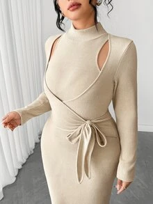 Elenzga Gaun Panjang Bodycon Rajut Bergaris Halus Ukuran Besar Musim Gugur/Dingin, Elastis, Nyaman, Lengan Panjang, Desain Ikat Pinggang, Pakaian Dalam Elegan untuk Perjalanan Musim Gugur - Khaki - View 6