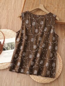 Rusticease 女款刺繡圓領休閒鄉村風百搭背心，棕色花卉度假夏季款 - 棕色 - 查看 2