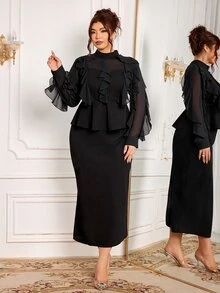Modelyn Women's Ruffle Waist Top And Bodycon Skirt 2 Pieces Set, Elegant Commuter Design, Plus Size - Black - View 3