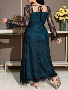 Feyla 大尺碼女款對比蕾絲長袖方領優雅洋裝 - 水鴨藍 - 查看 2