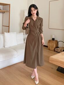 DAZY Women's Casual Solid Color Waist-Cinching Mid-Length Dress, Autumn - Brown - View 7