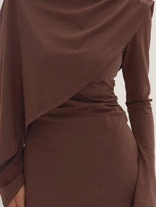 MUSEYN Gaun Maxi Cape Jersey Cokelat, Gaun Kencan Abadi, Musim Gugur Terbaru - Coffee Brown - View 6