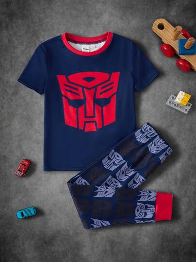 Transformers X SHEIN Young Boy Colorblock Short Sleeve Top And Long Pants Casual Daily Home Sleepwear Set