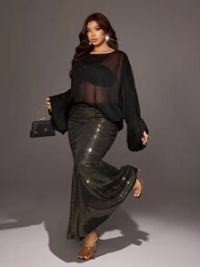 Viva Relle Blus Lengan Lentera Chiffon Hitam Transparan Ukuran Besar - Hitam - View 3