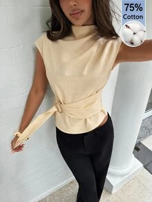 Aloruh 女款素色休閒百搭日常穿著襯衫 - 杏色 - 查看 8