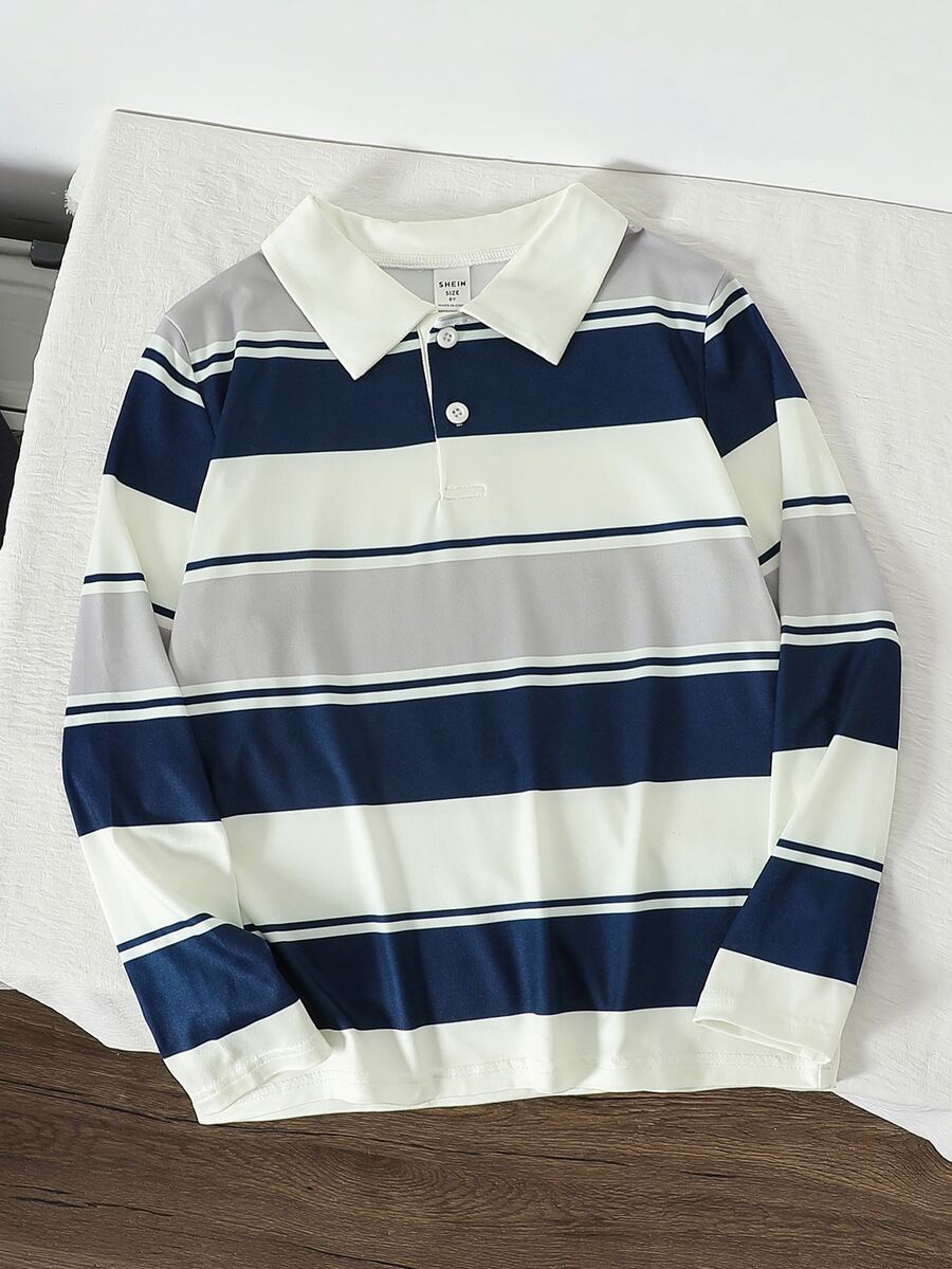 SHEIN Mirajuku 男童拼色條紋長袖POLO衫 大童休閒學院風翻領套頭上衣 秋季服飾 秋季風格 黑色上衣 - 彩色 - 查看 1
