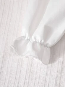 SHEIN 女童白色襯衫領撞色黑色學院風泡泡長袖上衣，附鬆緊腰褶皺裙，適合春秋校園、通勤、旅行、散步、購物，可搭配大衣、夾克、西裝外套 - 黑色 - 查看 5