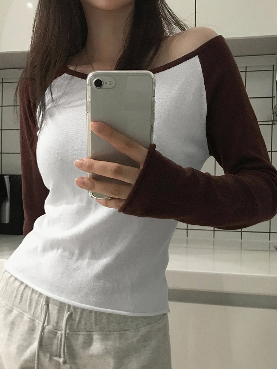 DAZY Women's Asymmetric Shoulder Colorblock Long Sleeve Korean Style Fresh Girly Sweater - Coffee Brown - View 1