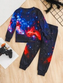 SHEIN 小男孩蜘蛛太空元素圖案休閒簡約修身舒適加厚長袖圓領居家服褲子，適合秋冬 - 彩色 - 查看 2