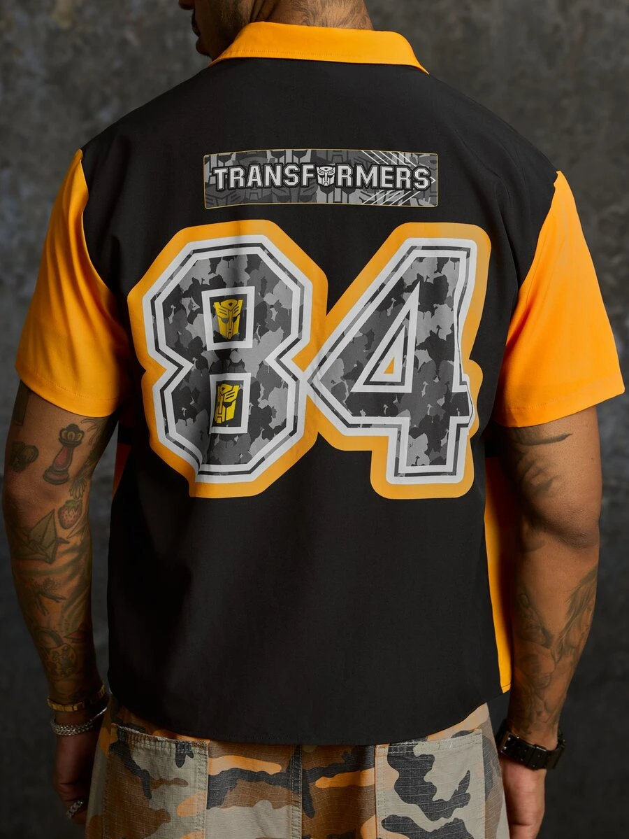 Transformers X SHEIN Men's Letter Print Single-Breasted Short Sleeve Shirt - Yellow - View 1