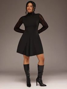 Freevana Plus Size Elegant Commuter Lace Patchwork Stand Collar Dress - Black - View 6