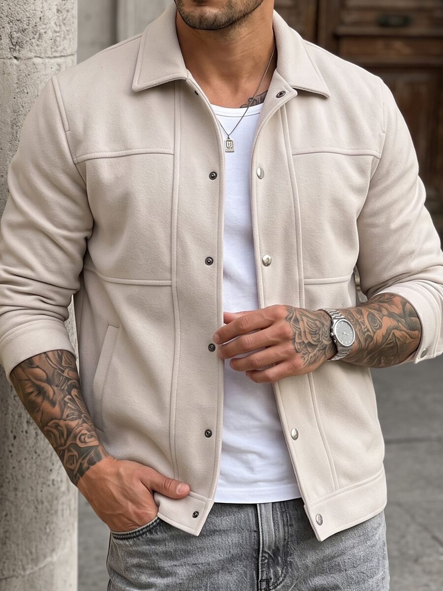 Manfinity CasualCool Men's Apricot Wool Blend Notch Lapel Button Coat, Regular Fit Short Jacket, Beige, Autumn, Casual Smart Style, Office, Christmas Gift - Apricot - View 1