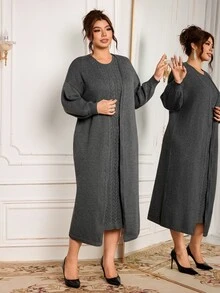 Modelyn Plus Size Women Solid Color Dropped Shoulder Long Sleeve Long Knit Cardigan And Cable Knit Sleeveless Knit Dress Elegant Set - Dark Grey - View 5