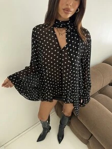 Aloruh Women's Polka Dot Casual Daily Long Sleeve Top - Black - View 4