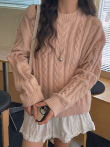 DAZY Solid Color Loose Round Neck Long Sleeve Cable Knit Casual Vintage Korean Style Daily Autumn/Winter Knit Sweater For Women - Pink - View 1