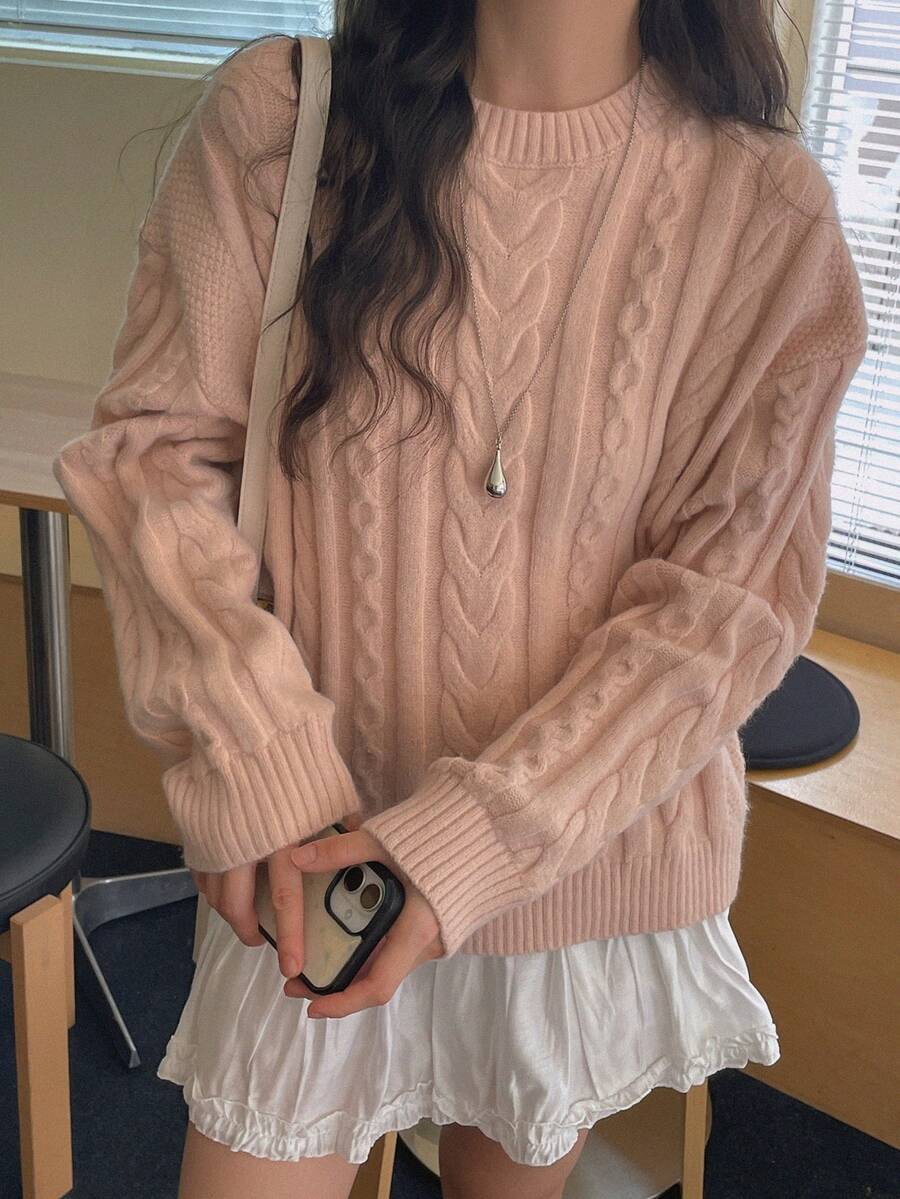DAZY Solid Color Loose Round Neck Long Sleeve Cable Knit Casual Vintage Korean Style Daily Autumn/Winter Knit Sweater For Women - Pink - View 1