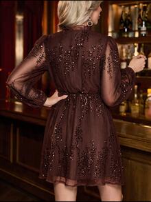 SHEIN Clasi Women's Elegant Vacation Sequin Tie-Up Dress - Mocha Brown - View 2