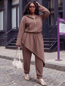 Slaydiva Autumn/Winter Brown Hooded Cardigan & Asymmetrical Hem Jogger Pants 2 Pieces Set Plus Size Fall - Brown - View 5