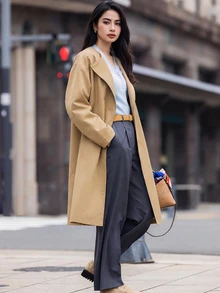 Yunfilé Women's Fashion Street Button Long Sleeve Lapel Coat - Khaki - View 5