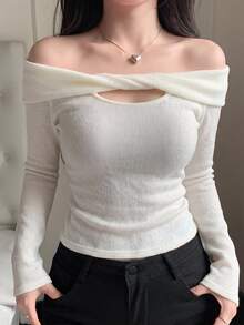DAZY 女款方領修身性感都市休閒優雅T恤 - 白色 - 查看 1