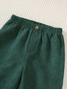 SHEIN 2件組男孩抓絨內裡加厚杏色運動衫與綠色燈芯絨格紋長褲套裝，舒適百搭時尚日常可愛休閒簡約百搭風格 - 彩色 - 查看 5