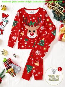 Young Girls Pajamas, New Autumn/Winter Christmas Element Hot-Selling Style, UV Light Glow-In-The-Dark Christmas Deer Head, Snowflake, Christmas Tree, Bell Combination Pattern, Round Neck High Elastic Top And All-Over Print Long Pants 2 Pieces Set, Snug Fit, 1 Set - Multicolor - View 5