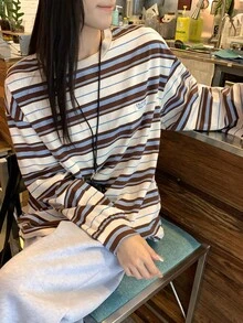 Dazy Kids Teen Girl Fall Clothes Teen Girls Loose Casual Striped Crew Neck Long Sleeve T-Shirt - Brown - View 3