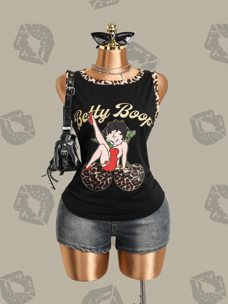 Betty Boop x SHEIN ملابس علوية كاجوال يومية للنساء مقاس كبير بطبعة حروف وكرتون - الأسود - مشاهدة 1
