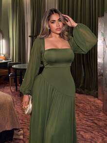 NU&NOW Plus Size Women Olive Green Sequin Mermaid Long Dress Long Sleeve V-Neck Ruched Slit Formal Evening Gown Wedding Guest Banquet Party Dress Fall - Dark Green - View 5