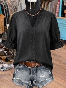 EMERY ROSE EMERY ROSE Plus Size Women's Solid Color Casual Daily Denim Top - Black - View 1