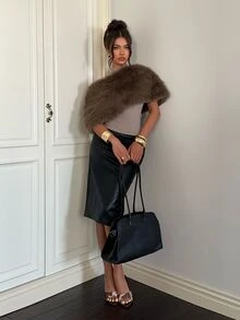 Aloruh Women's Autumn/Winter Versatile Asymmetrical Collar Faux Fur Top, Army Green Fluffy Fashion Top - Army Green - View 7