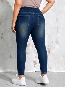 EMERY ROSE Plus Size Fashion Versatile Pocket Elastic Waist Denim Jeans - Dark Wash - View 2