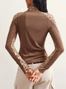 Bohemela Women's Stand Collar Color Block Casual Daily Long Sleeve T-Shirt - Brown - View 7