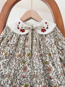 SHEIN Babygirl Cute Floral Pattern Peter Pan Collar Preppy Style Doll Dress - Multicolor - View 10